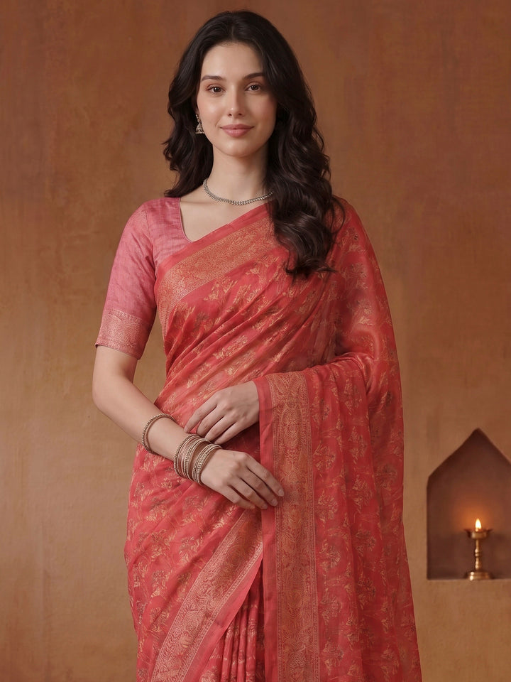Pink Cotton Blend Printed Saree