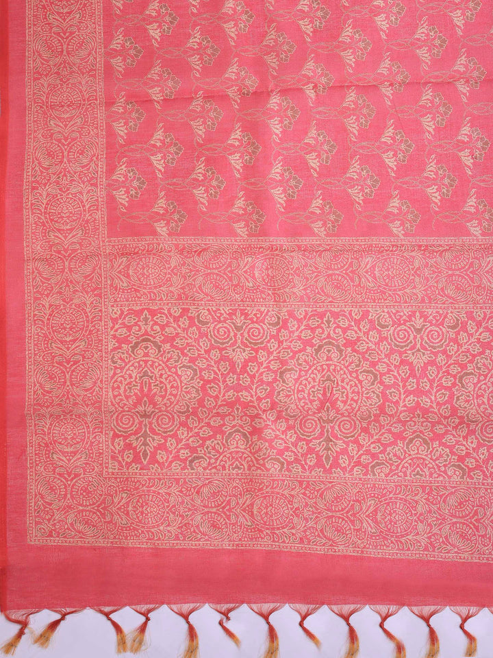 Pink Cotton Blend Printed Saree