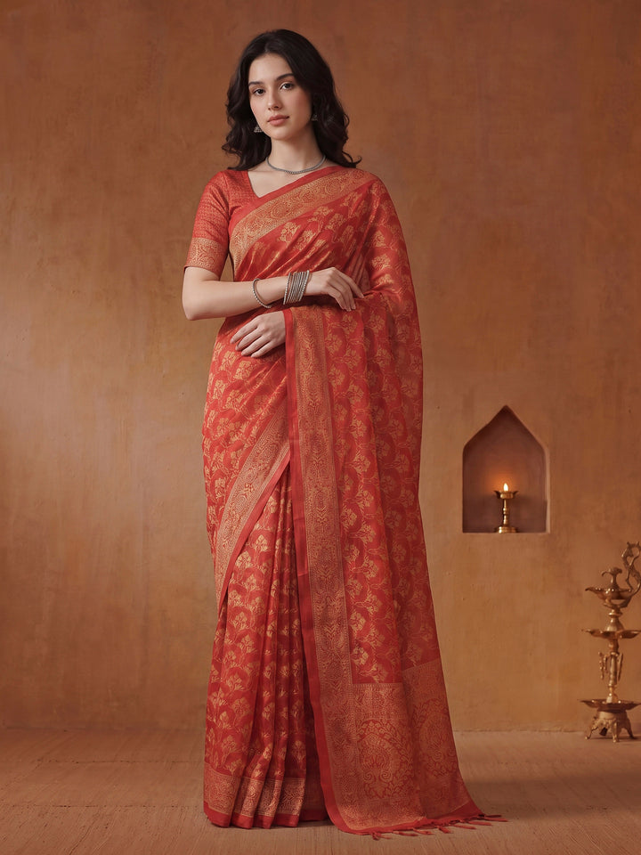 Red Cotton Blend Printed Saree