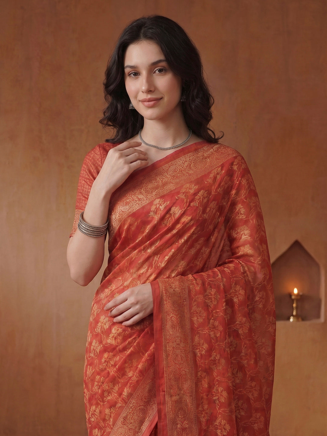 Red Cotton Blend Printed Saree