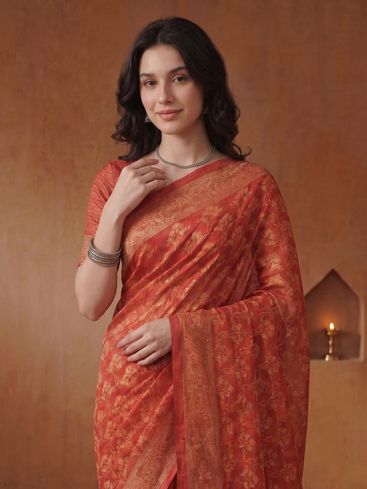 Red Cotton Blend Printed Saree