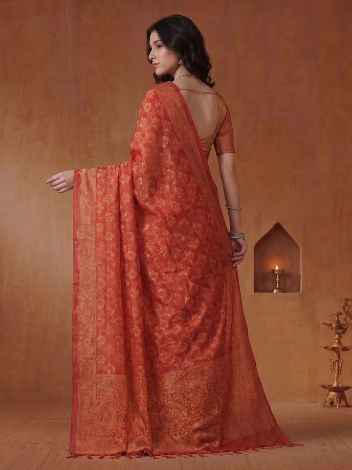 Red Cotton Blend Printed Saree