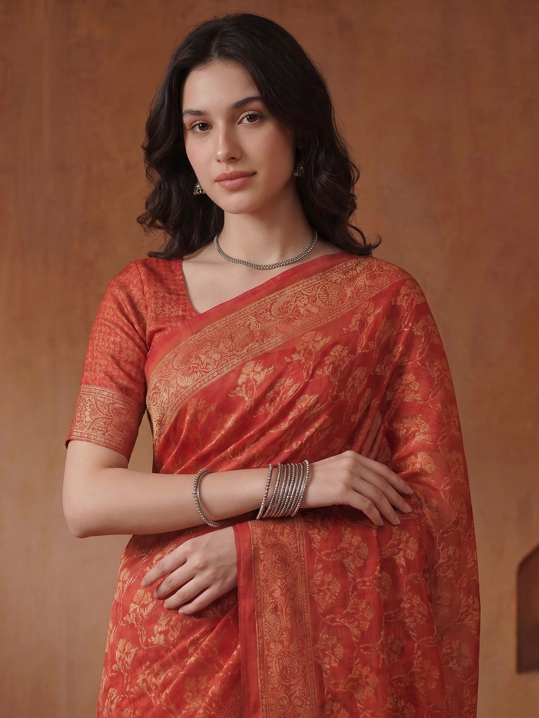 Red Cotton Blend Printed Saree