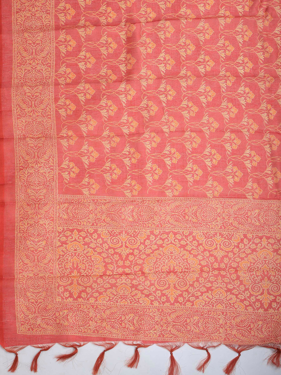 Red Cotton Blend Printed Saree