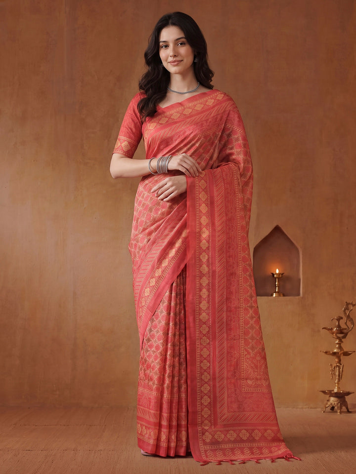Pink Cotton Blend Printed Saree