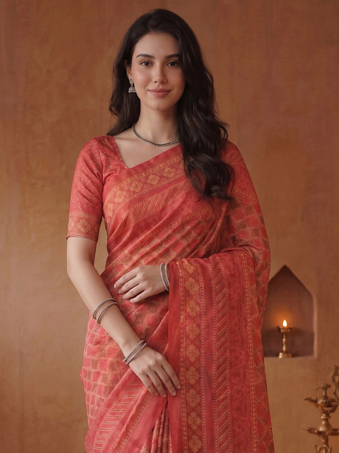 Pink Cotton Blend Printed Saree
