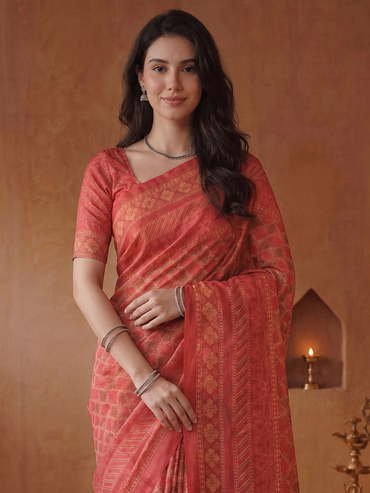 Pink Cotton Blend Printed Saree