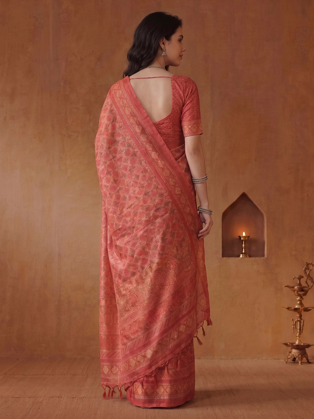 Pink Cotton Blend Printed Saree