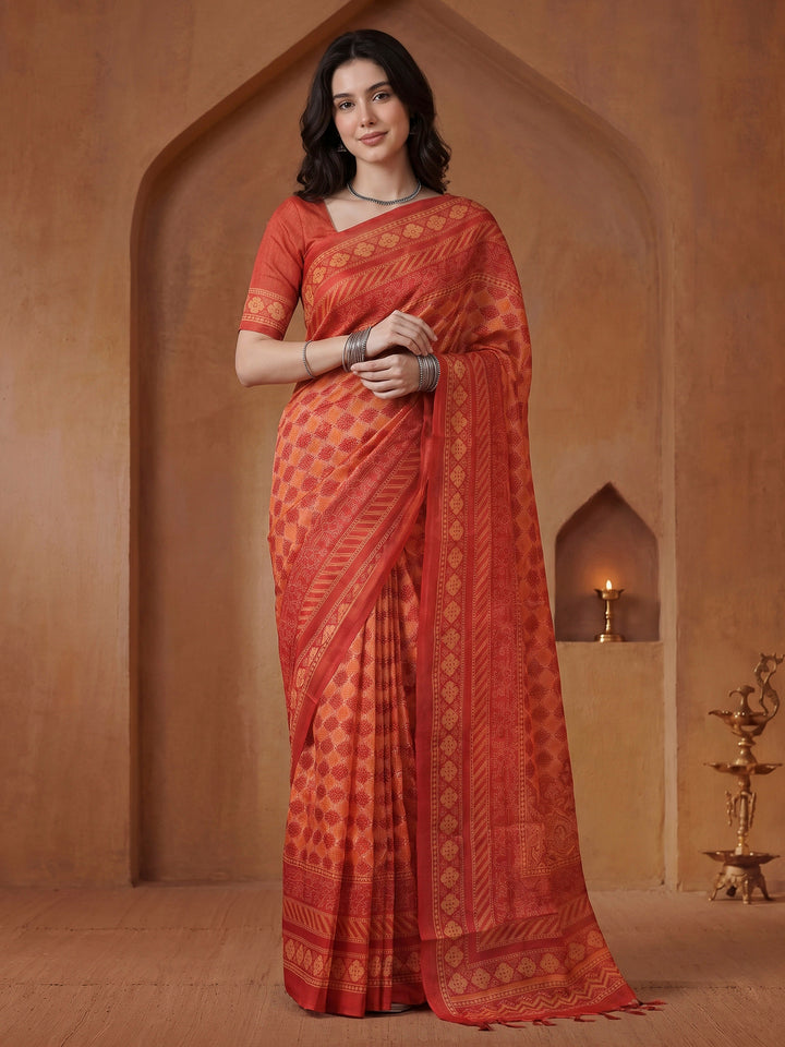 Red Cotton Blend Printed Saree