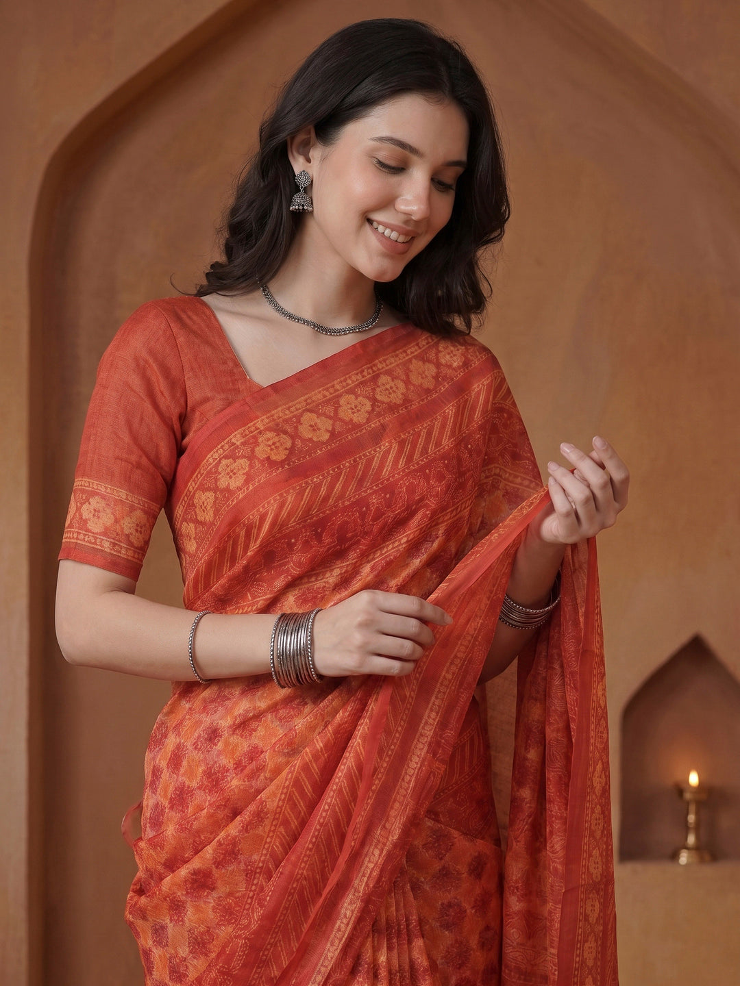 Red Cotton Blend Printed Saree