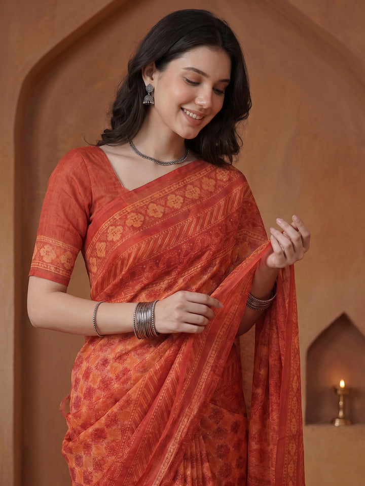 Red Cotton Blend Printed Saree
