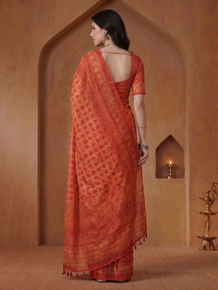 Red Cotton Blend Printed Saree