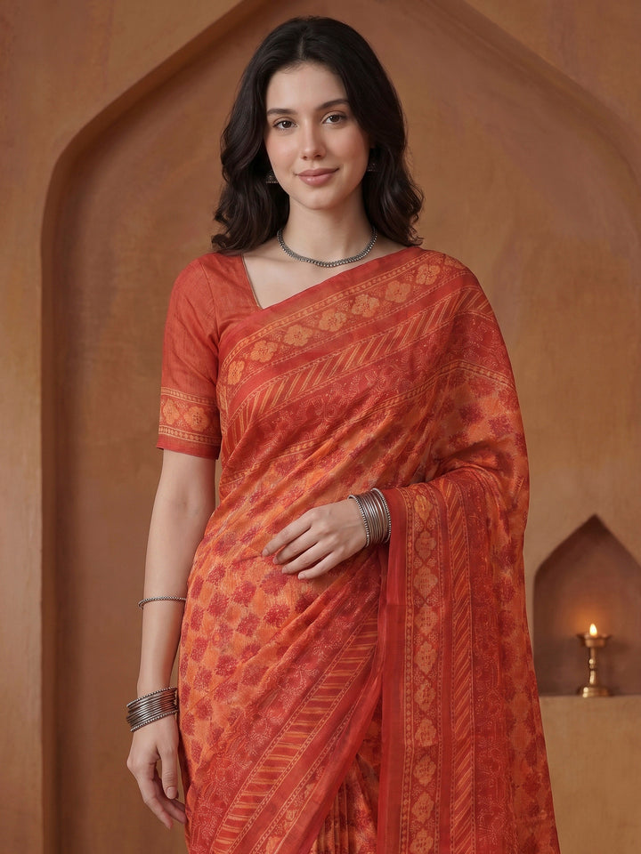 Red Cotton Blend Printed Saree