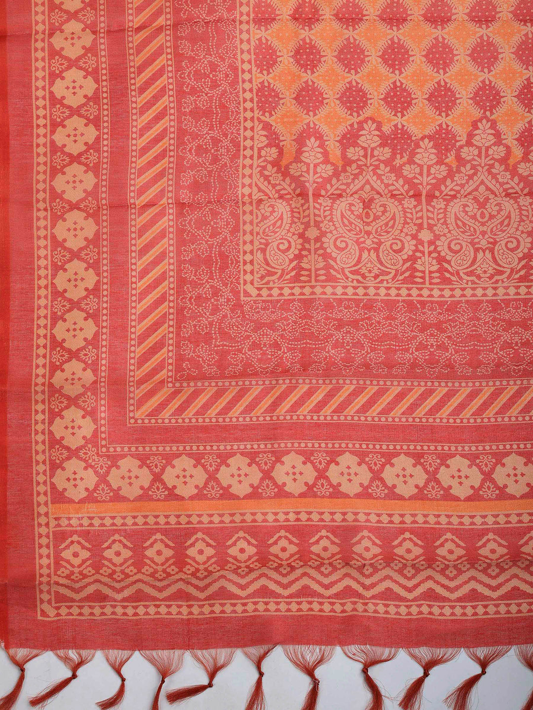 Red Cotton Blend Printed Saree