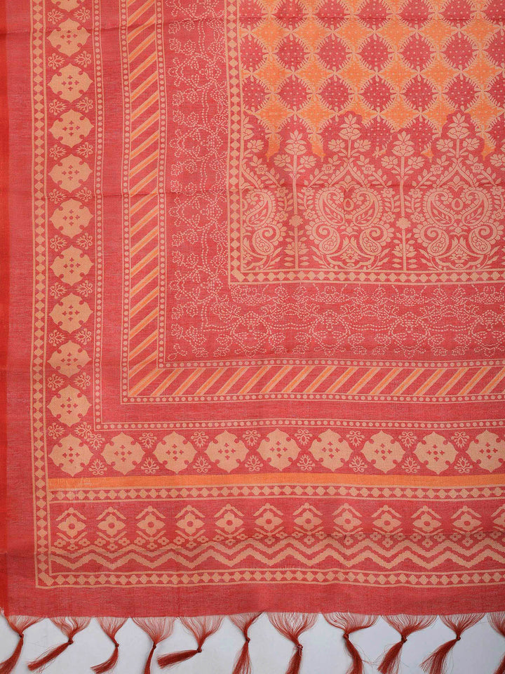 Red Cotton Blend Printed Saree
