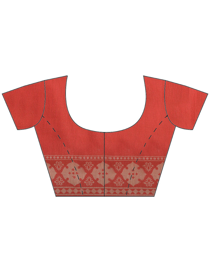 Red Cotton Blend Printed Saree