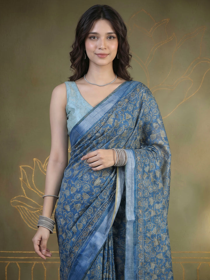 Blue Cotton Blend Printed Sarees