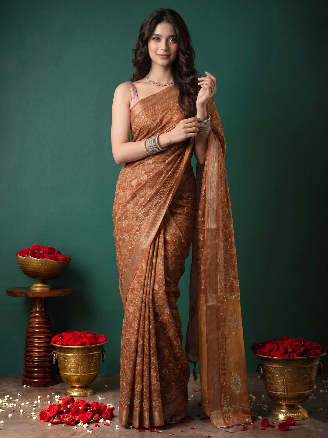 Mustard Cotton Blend Printed Saree