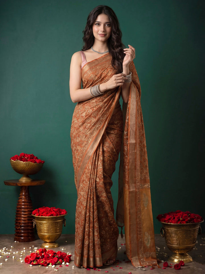 Mustard Cotton Blend Printed Saree