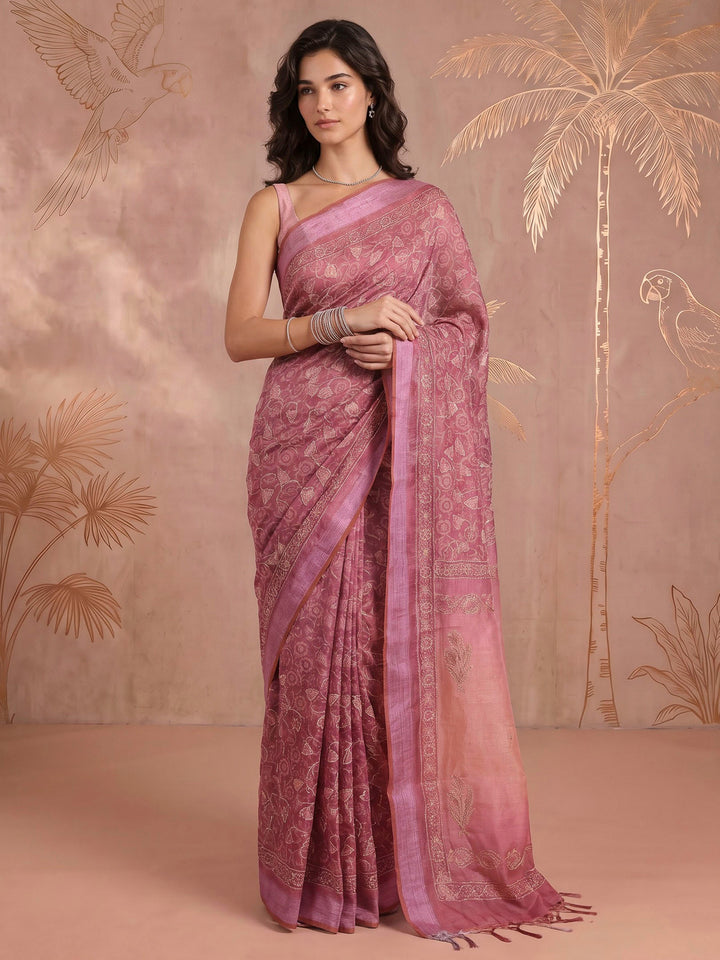 Pink Cotton Blend Printed Saree
