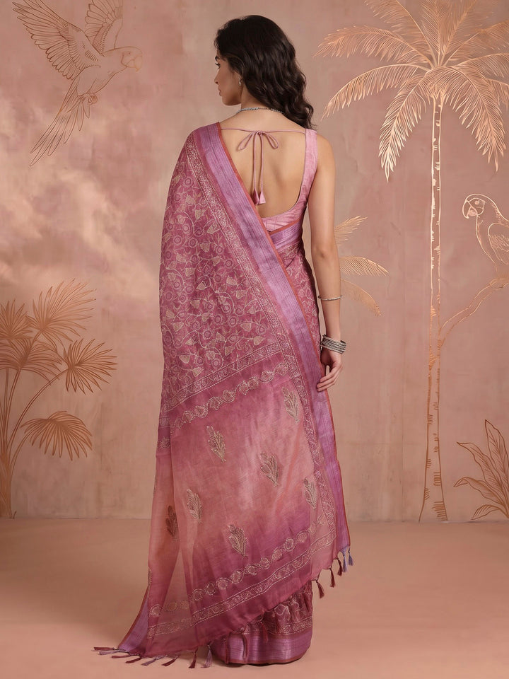 Pink Cotton Blend Printed Saree