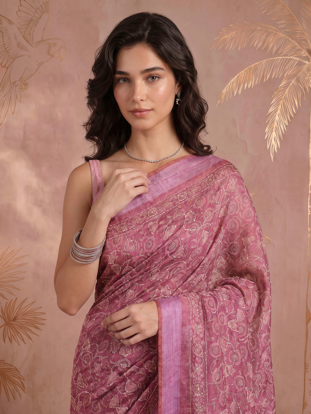 Pink Cotton Blend Printed Saree