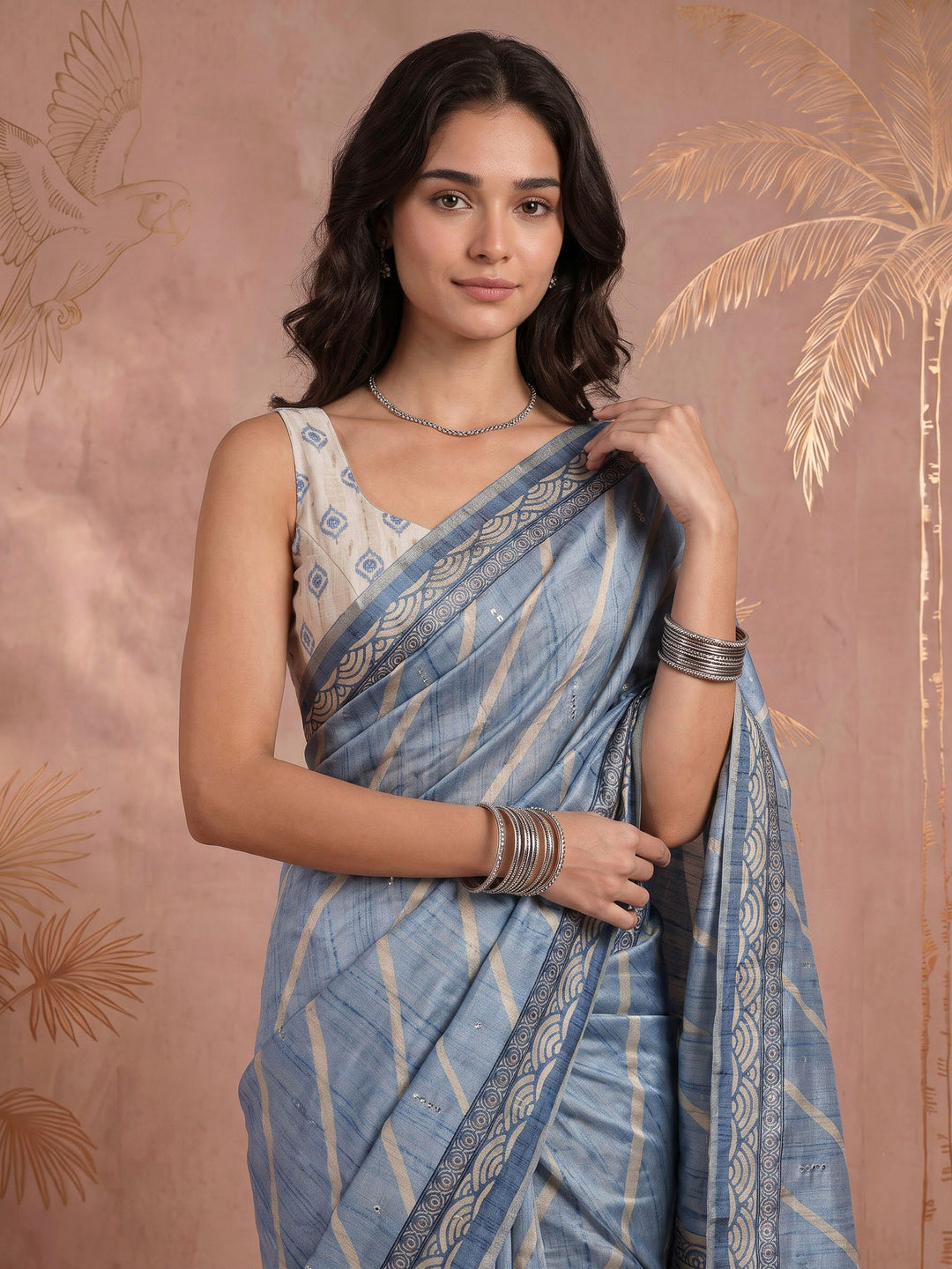 Blue Art Silk Printed Sarees