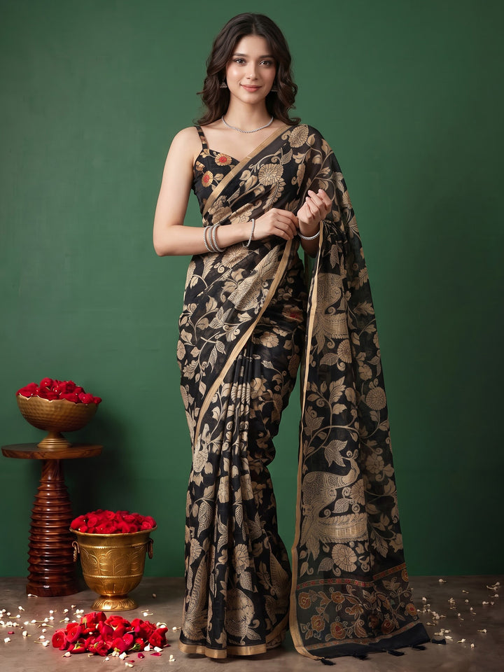 Black Cotton Blend Printed Saree
