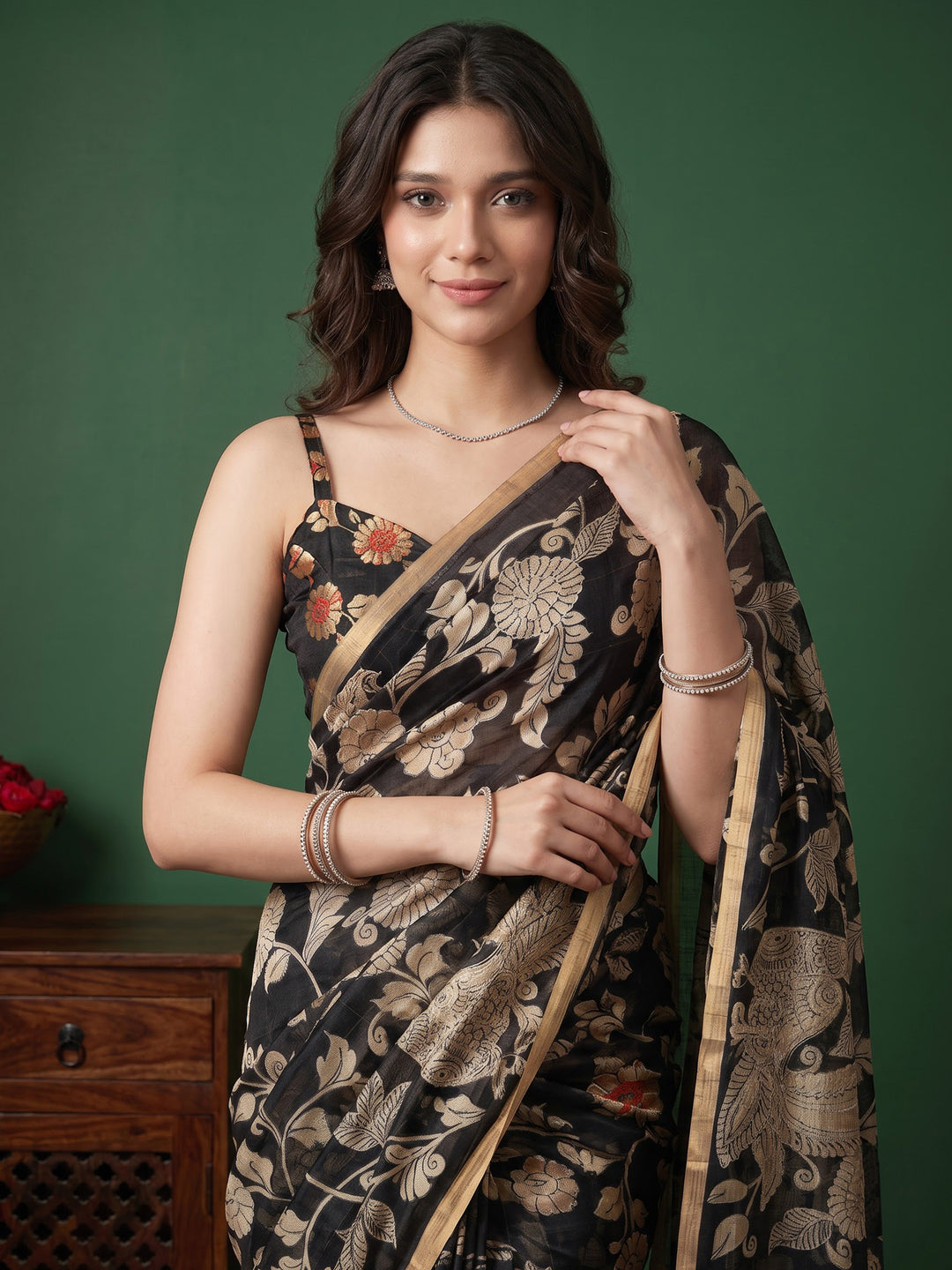 Black Cotton Blend Printed Saree