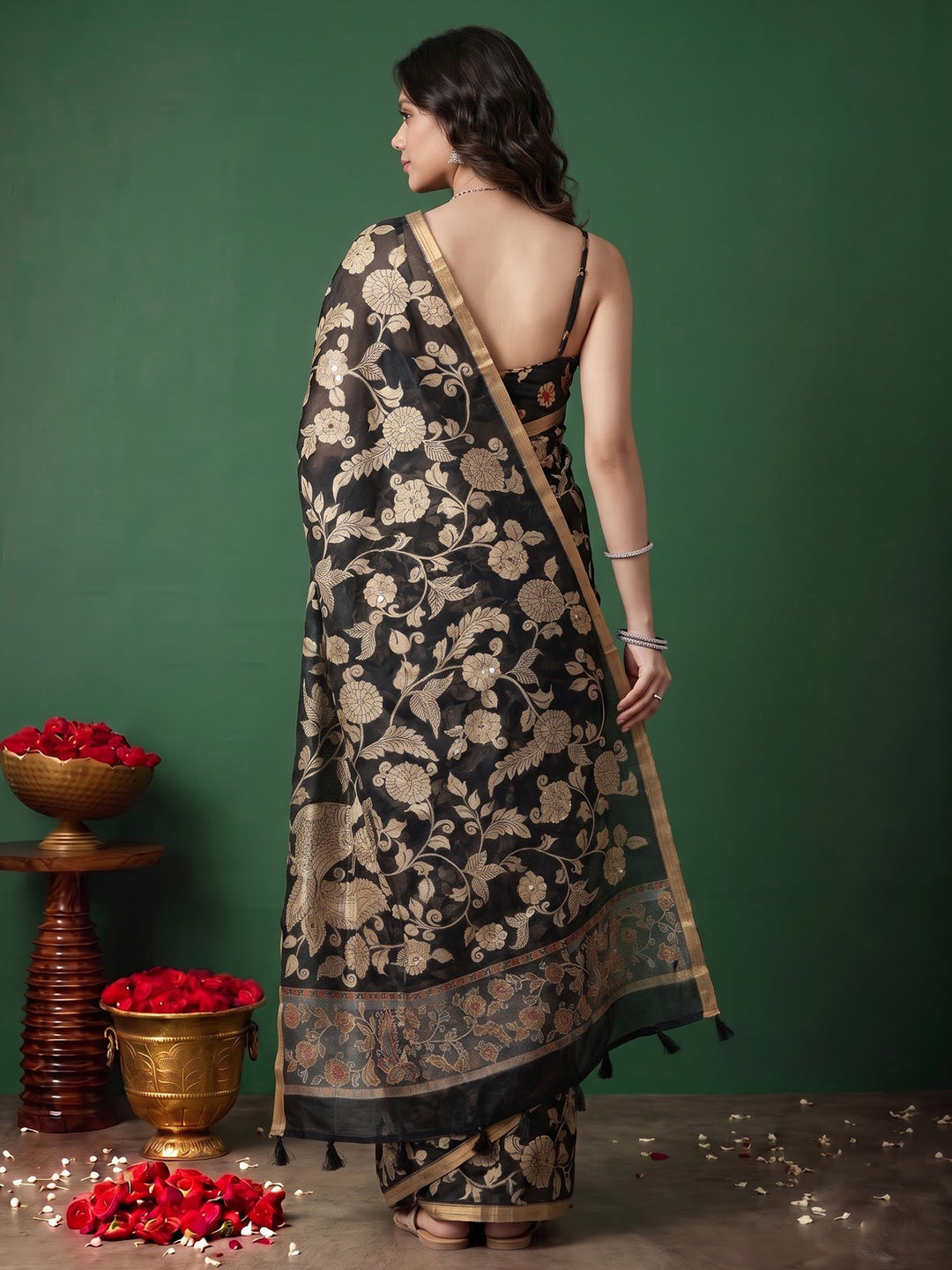 Black Cotton Blend Printed Saree