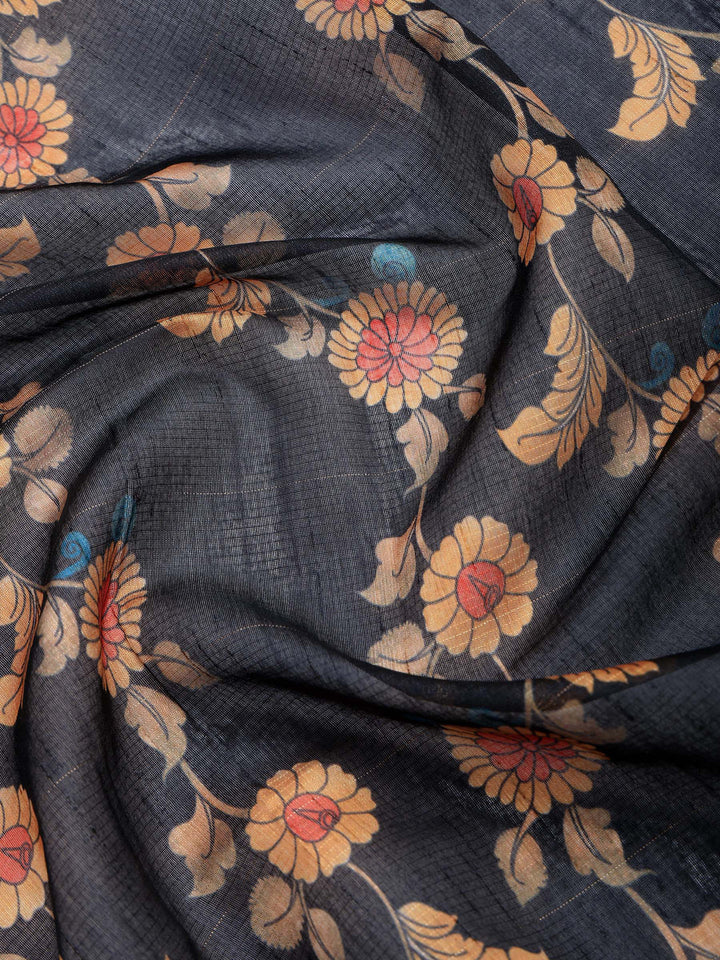 Black Cotton Blend Printed Saree