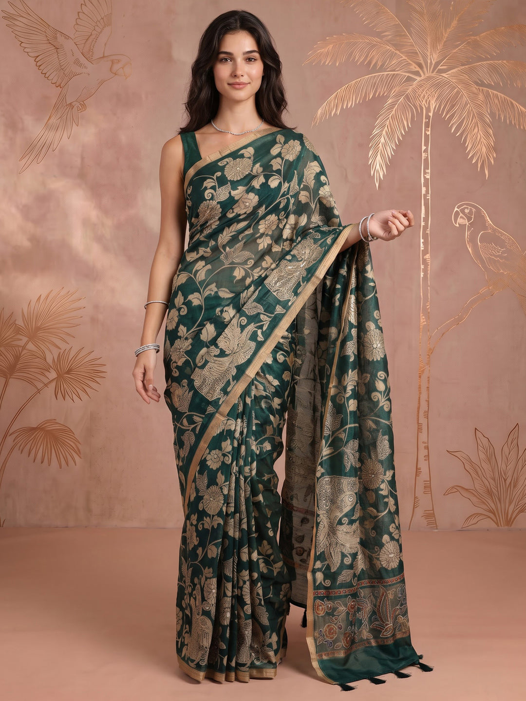 Green Cotton Blend Printed Saree