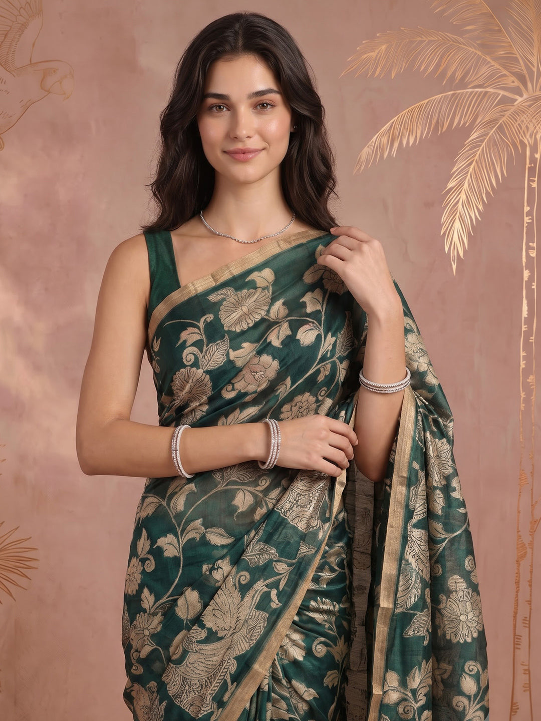 Green Cotton Blend Printed Saree