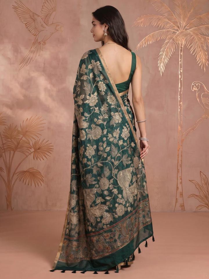 Green Cotton Blend Printed Saree