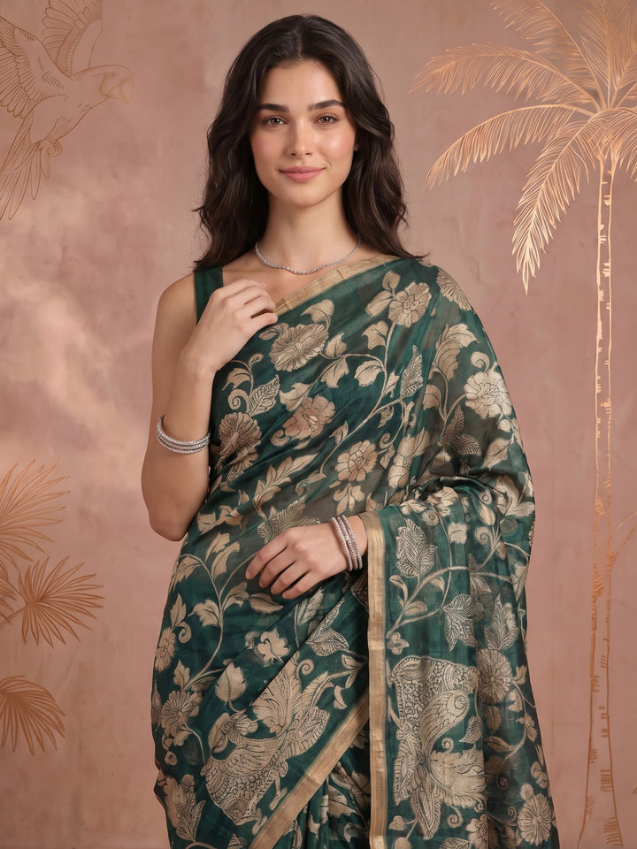 Green Cotton Blend Printed Saree