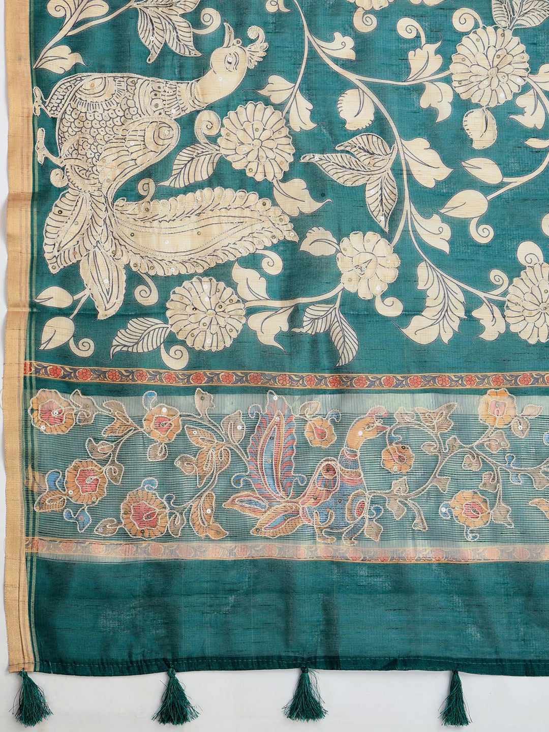 Green Cotton Blend Printed Saree