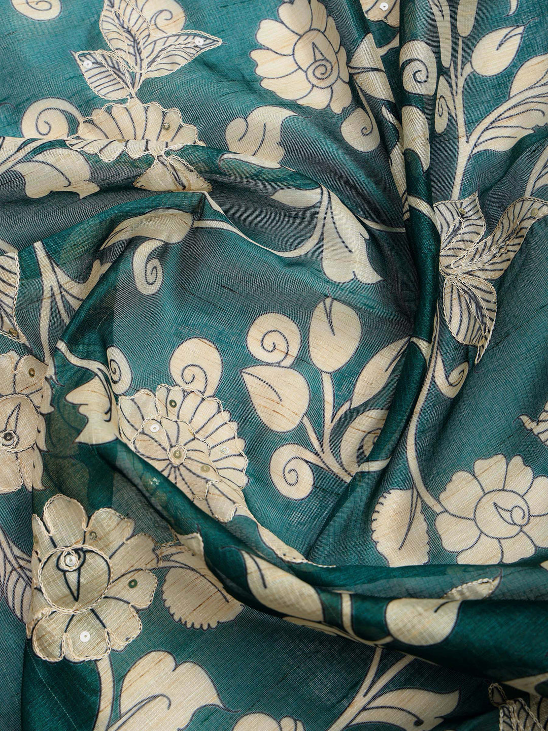 Green Cotton Blend Printed Saree