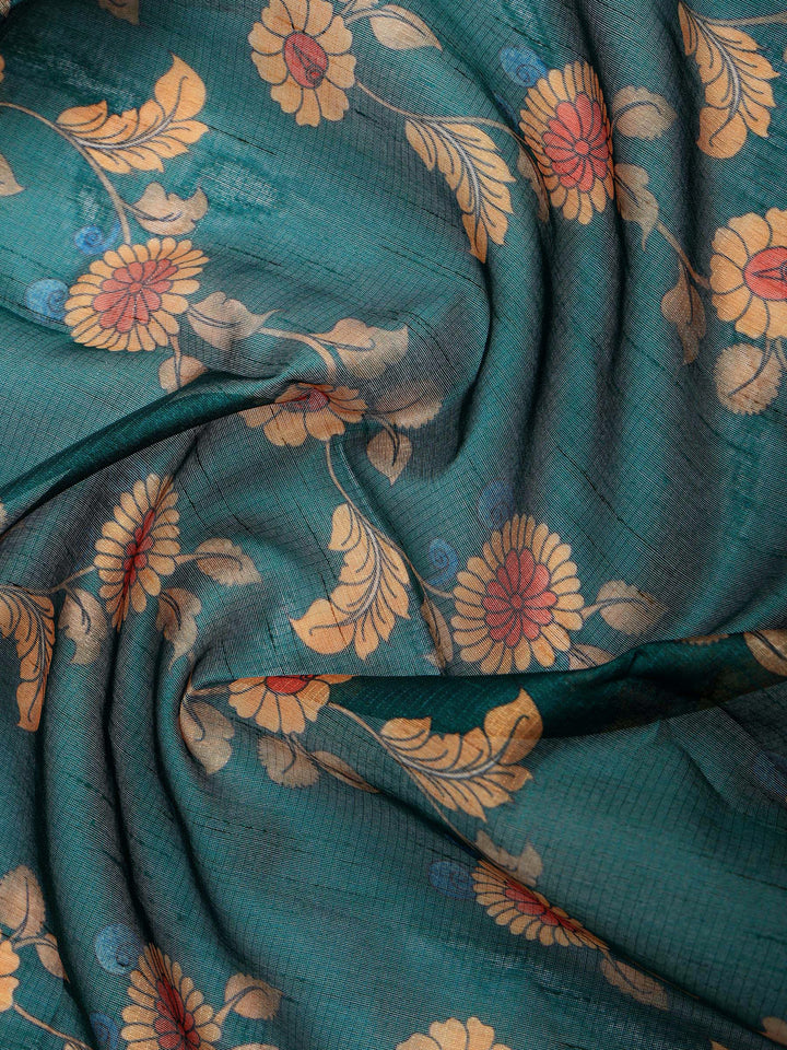 Green Cotton Blend Printed Saree