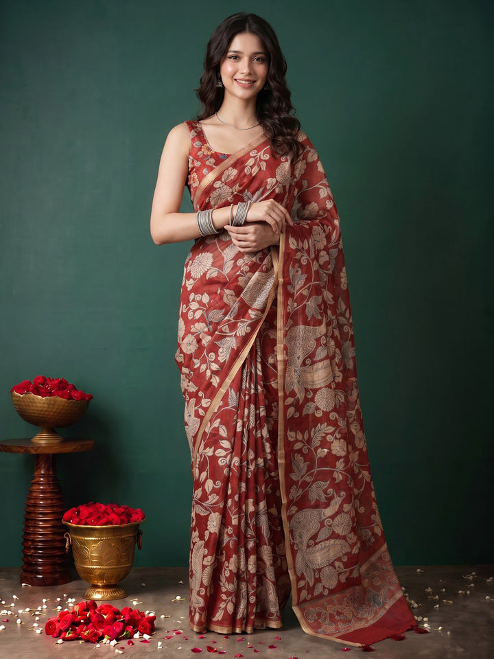 Maroon Cotton Blend Printed Saree