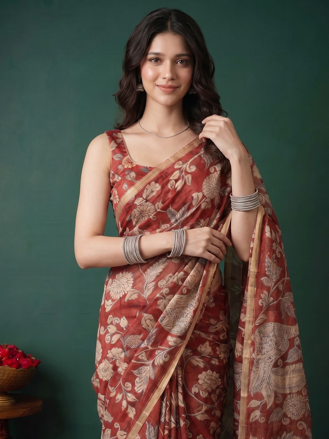 Maroon Cotton Blend Printed Saree
