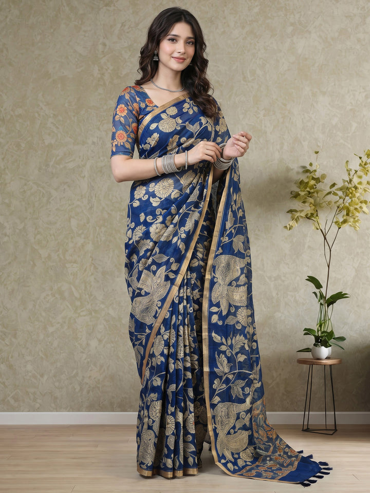 Navy Blue Cotton Blend Printed Saree