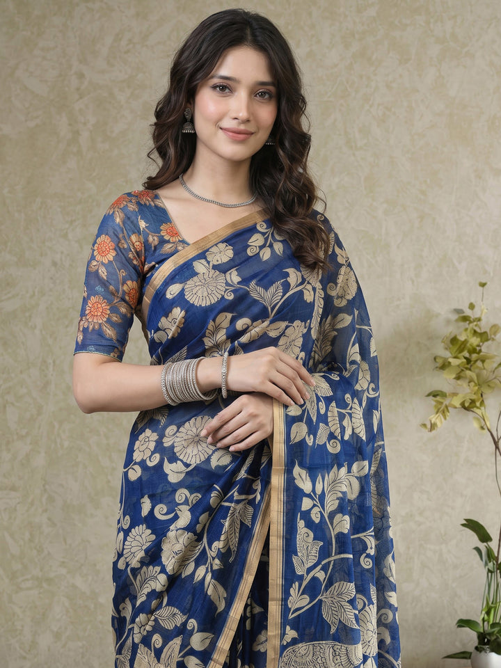 Navy Blue Cotton Blend Printed Saree