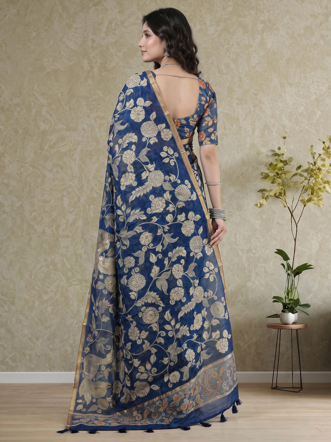 Navy Blue Cotton Blend Printed Saree