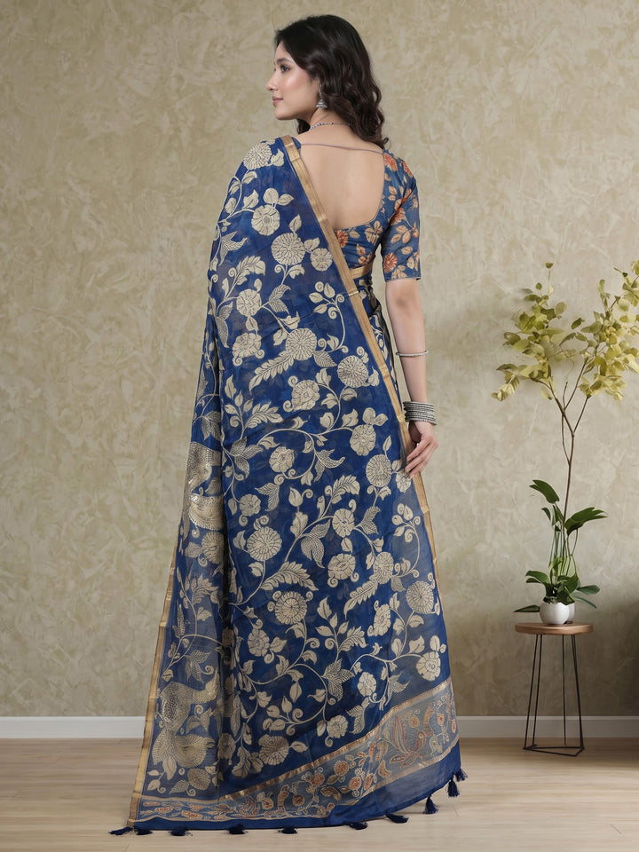 Navy Blue Cotton Blend Printed Saree