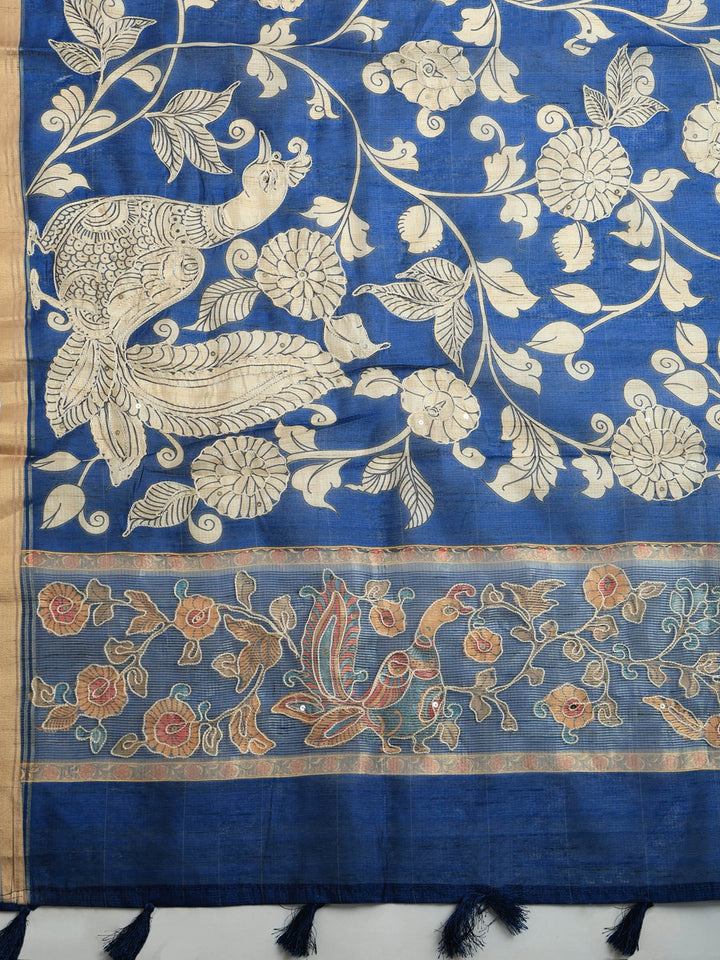 Navy Blue Cotton Blend Printed Saree