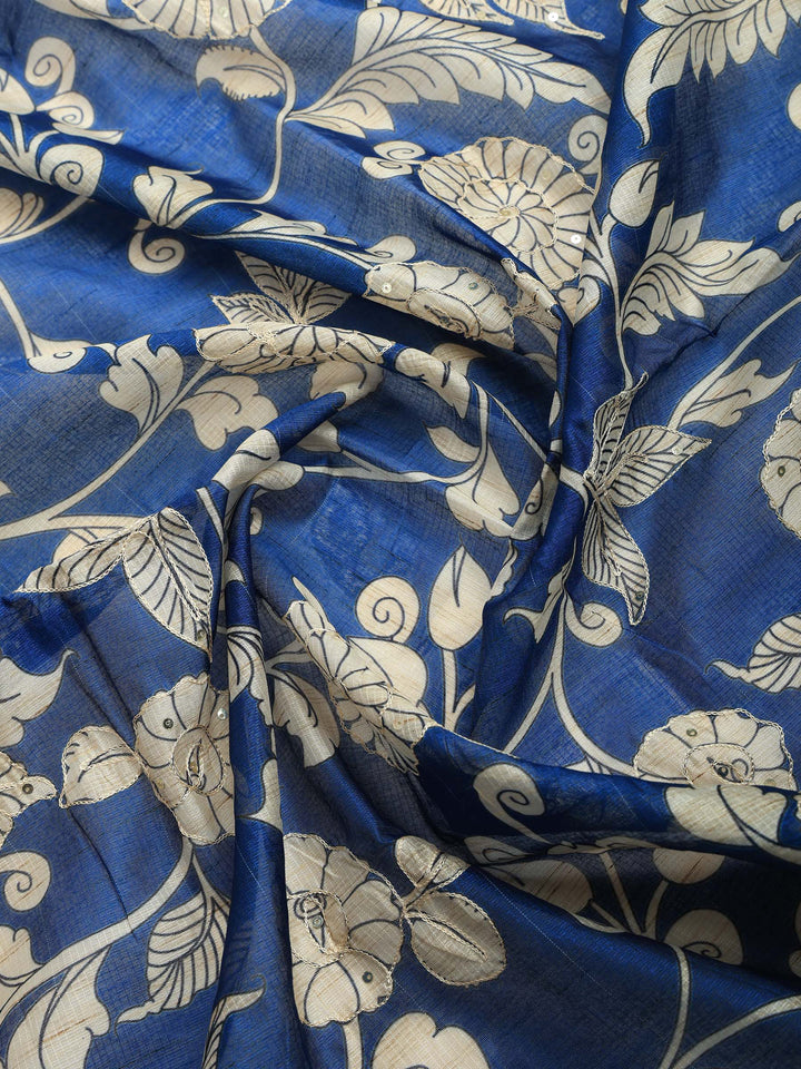 Navy Blue Cotton Blend Printed Saree