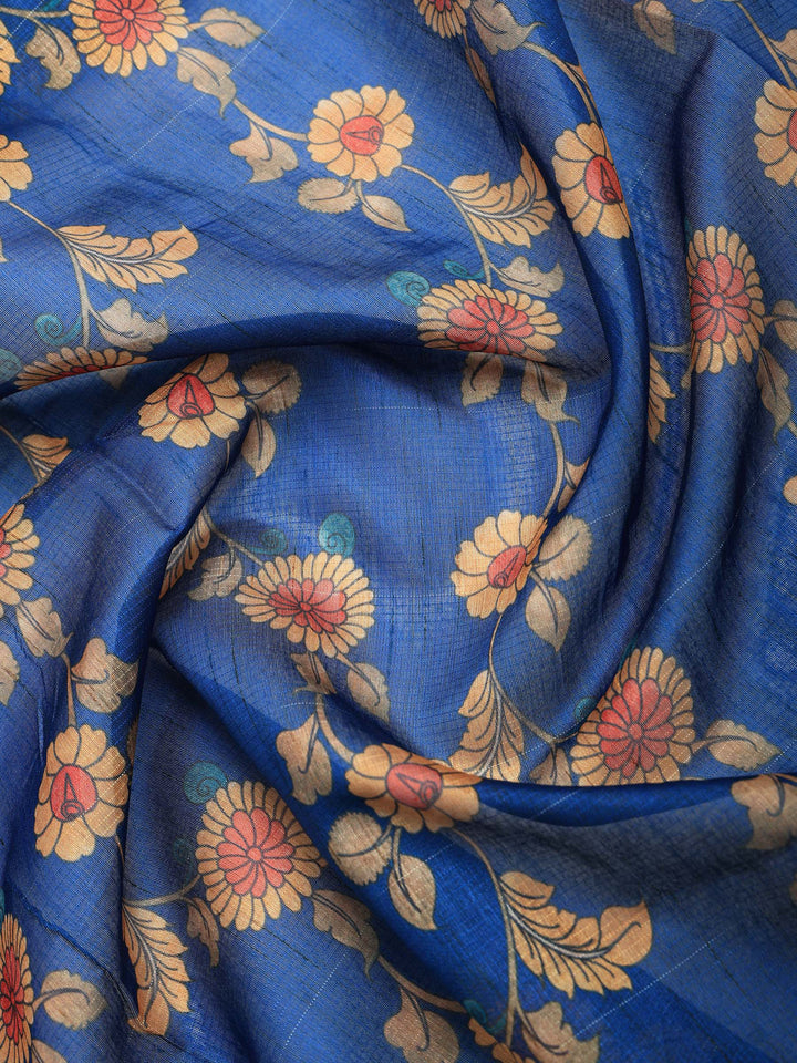 Navy Blue Cotton Blend Printed Saree