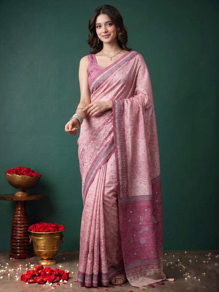 Pink Art Silk Printed Saree