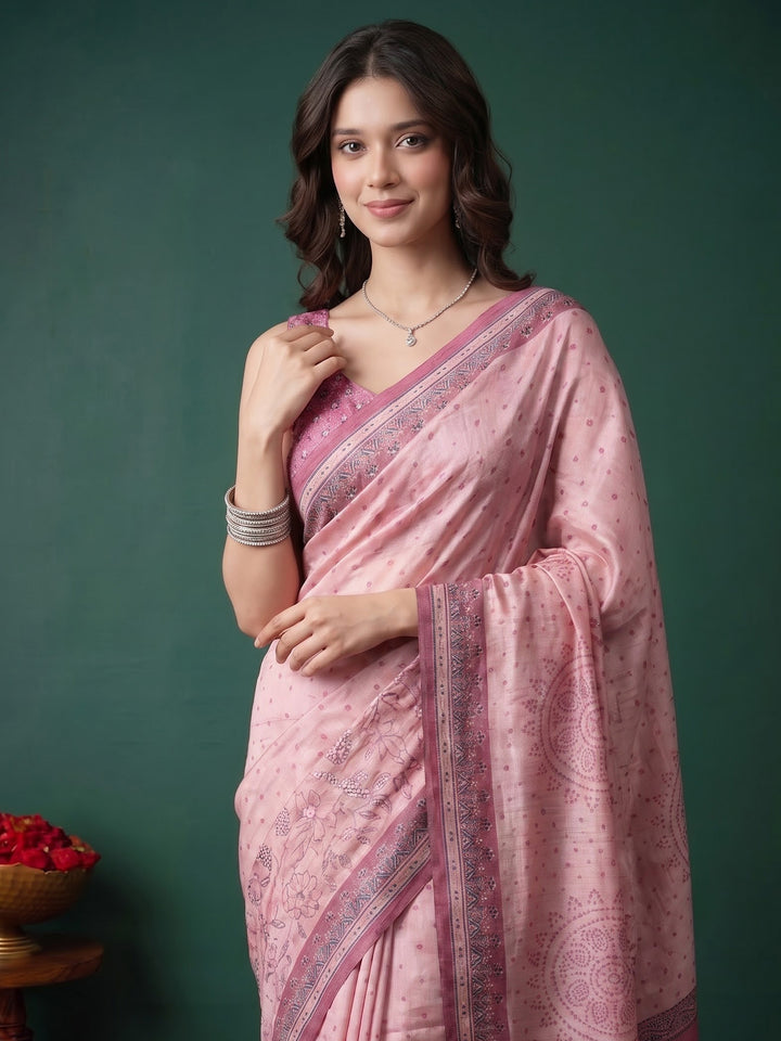 Pink Art Silk Printed Saree