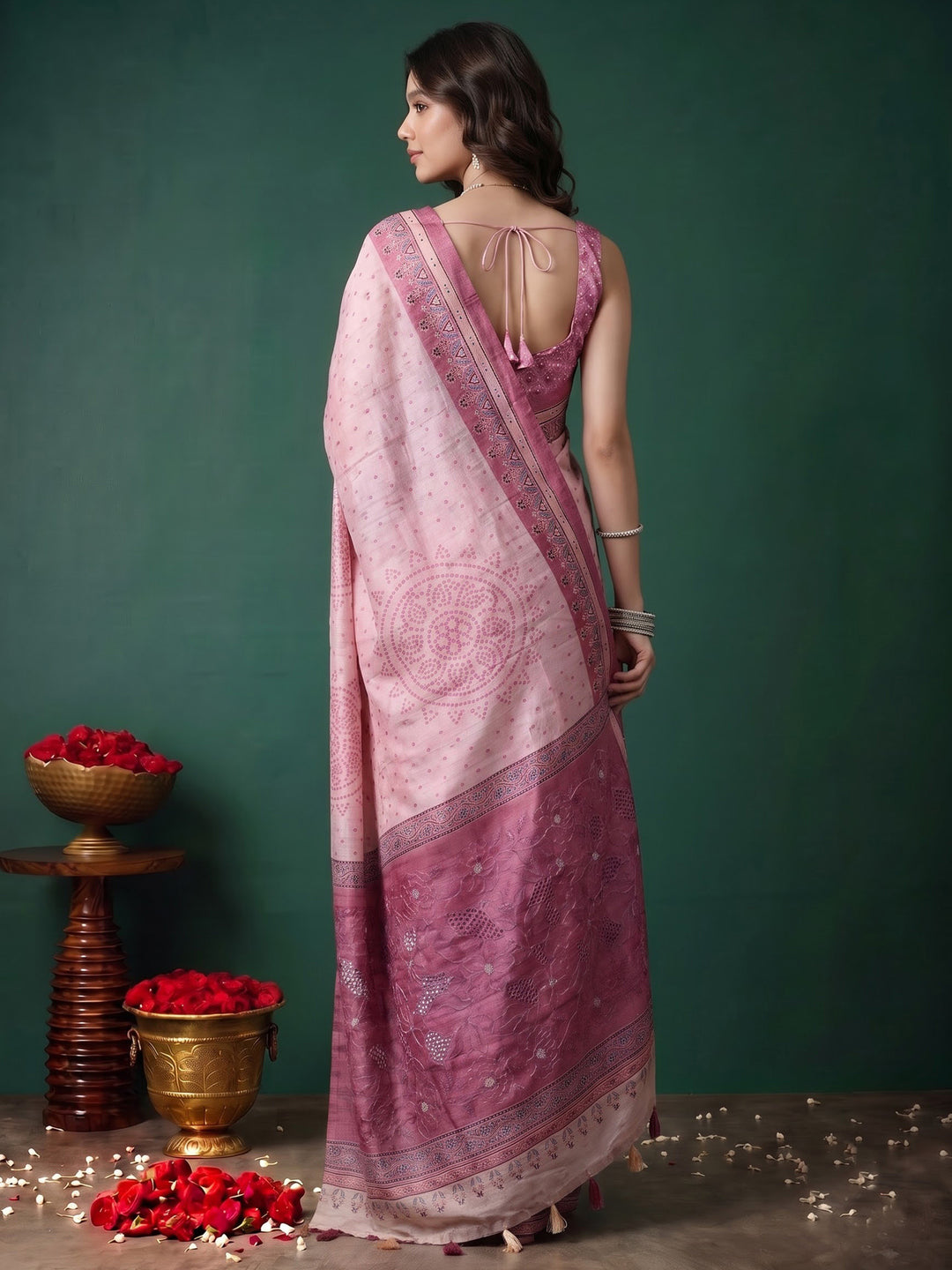 Pink Art Silk Printed Saree